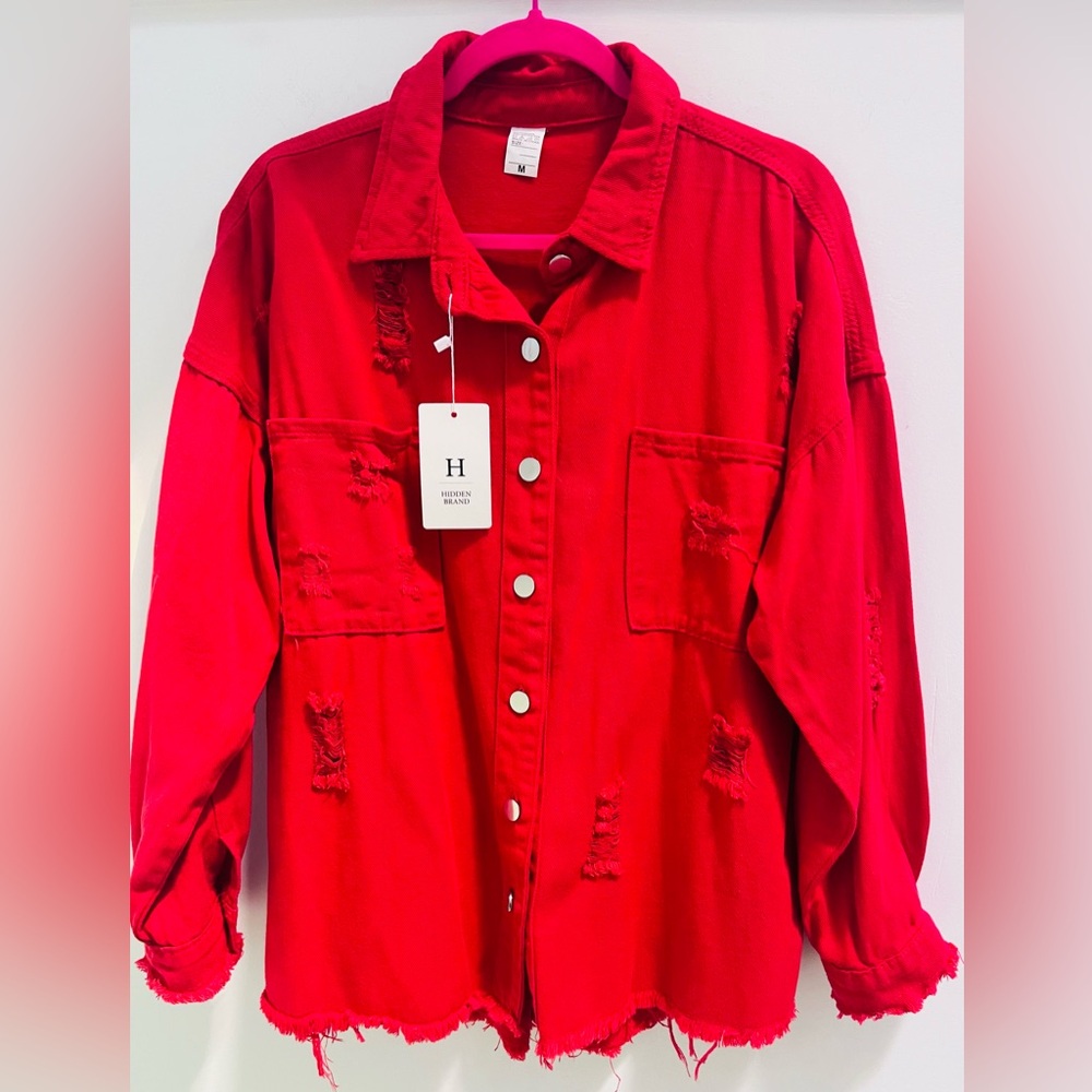 NWT Women's Red Distressed Button Down Shirt Shacket